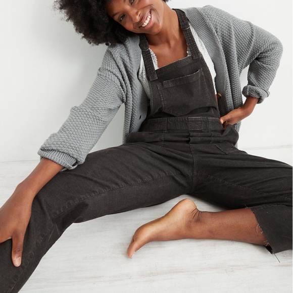 Aerie Werk & Play Corduroy Overalls Raw Hem Grey Cotton Minimalist Fall Winter - Picture 2 of 12